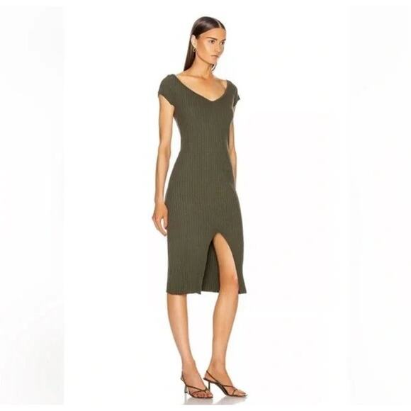 Enza Costa Cotton Knit V-Neck Cap Sleeve Slit Midi Dress Green Women's Size M - Picture 2 of 8